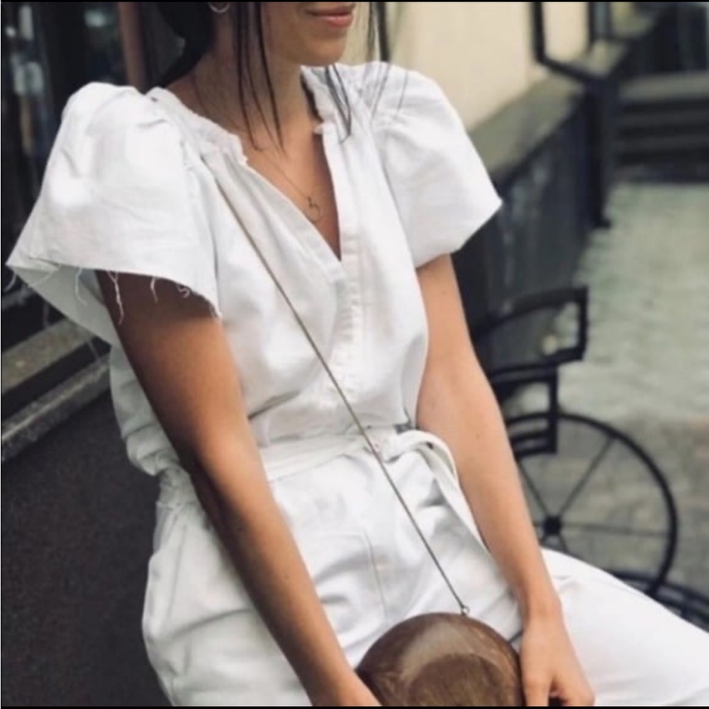 Zara White Denim Ruffle Sleeve Romper. XS